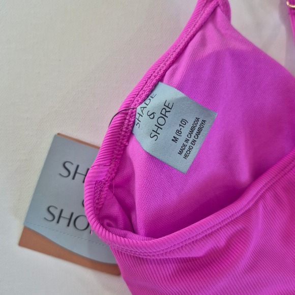 Shade & Shore Pink Ribbed One Piece Swimsuit Side Tie Adjustable Straps Medium - Picture 6 of 7